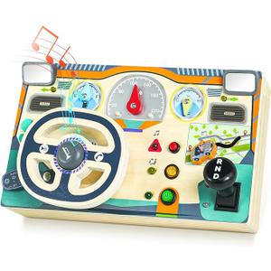 Busy Board Montessori Toys for 1 2 3 Year Old, Wooden Toddler Sensory Toy Busy Board with LED Lights Sound Switch, Toddlers Activity Travel Toy, Steering Wheel Toddler Toys Christmas Gift for Boy Girl