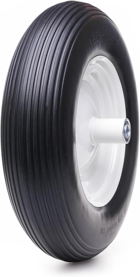 16" 4.80/4.00-8 Flat Free Solid Polyurethane Tire and Wheel, 1 Pack PU Airless Tires with 5/8" Ball Bearings 6" Iron Hub for Wheelbarrow/Hand Truck/Tool Cart/Garden Carts, 1 Pc, Vertical Grooves