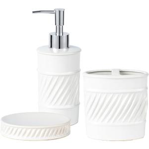 3-Piece Ceramic Bathroom Accessories Set - Soap Dispenser, Toothbrush Holder & Soap Dish with Modern Wave Embossed Design for Bathroom Accessory Set (White)