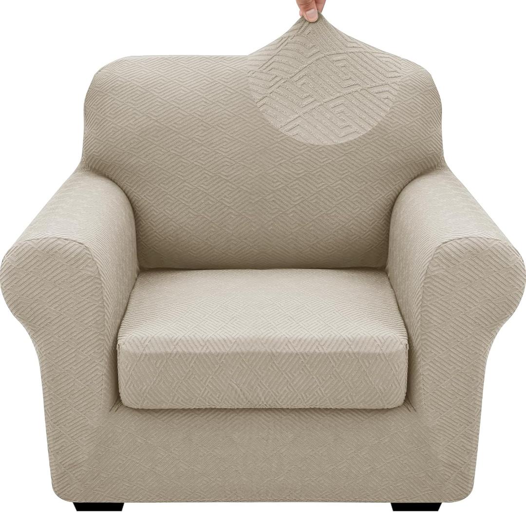 XINEAGE 2026 New 2 Pieces Chair Covers with Arms Super Stretch Chair Slipcover for Living Room Pet Dog Universal Slip Cover Anti Slip Armchair Furniture Protector (Khaki), 31"-46"(1 Cushion)