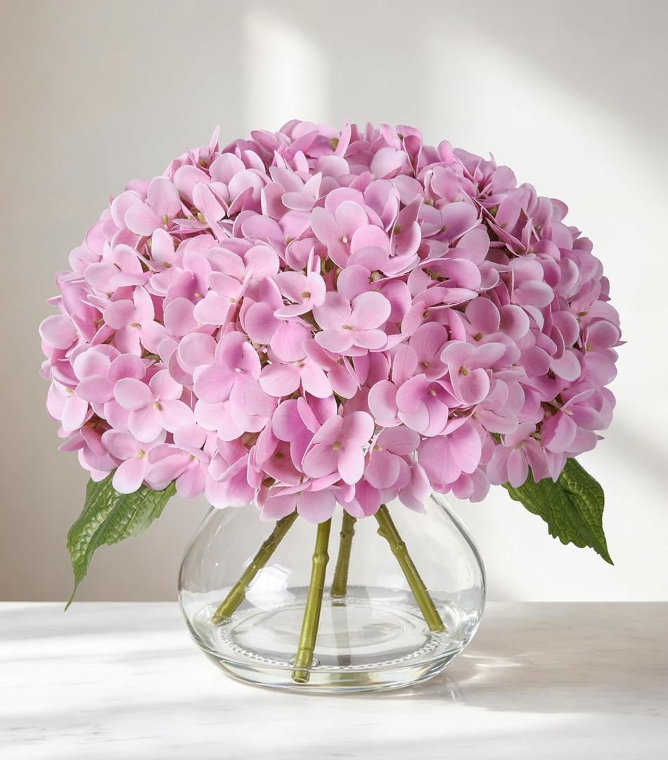 Real Touch Faux Hydrangea Flowers in Glass Vase, No Watering Needed Silk Hydrangea Artificial Flowers for Farmhouse Wedding Decor Dining Table Centerpiece Bedroom Decor