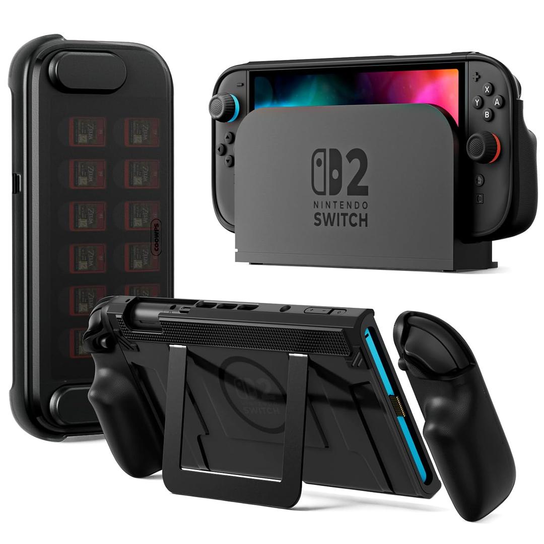 COOWPS P2 Latest Upgrade Dockable Split Protective Case for Nintendo Switch 2, with Ergonomic Grip, Magnetic Ring & Stable Kickstand, Hard Shell Full Protection Travel Front Cover 12 Game Card Slots