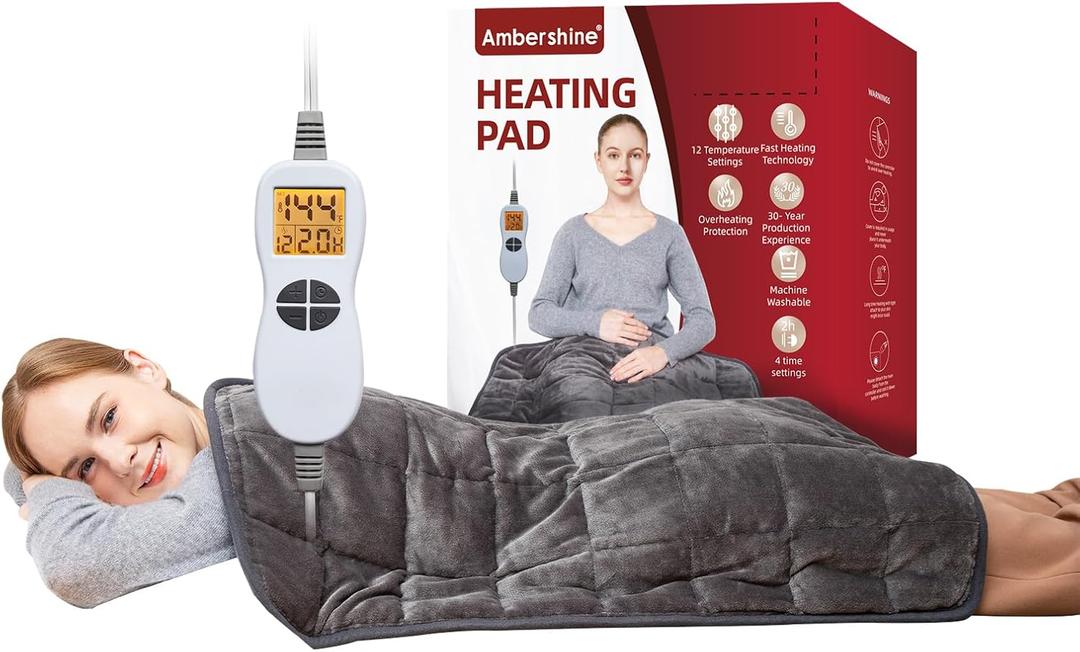 Ambershine 17''x33'' Weighted Heating Pad, 5.2lbs with 12 Temperature Settings & 4 Auto-Off Timers, Pain Relief for Back/Neck/Shoulders/Abdomen/Legs, Christmas Gifts for Mom Dad Women Men(Dark Grey) (02-dark Grey)