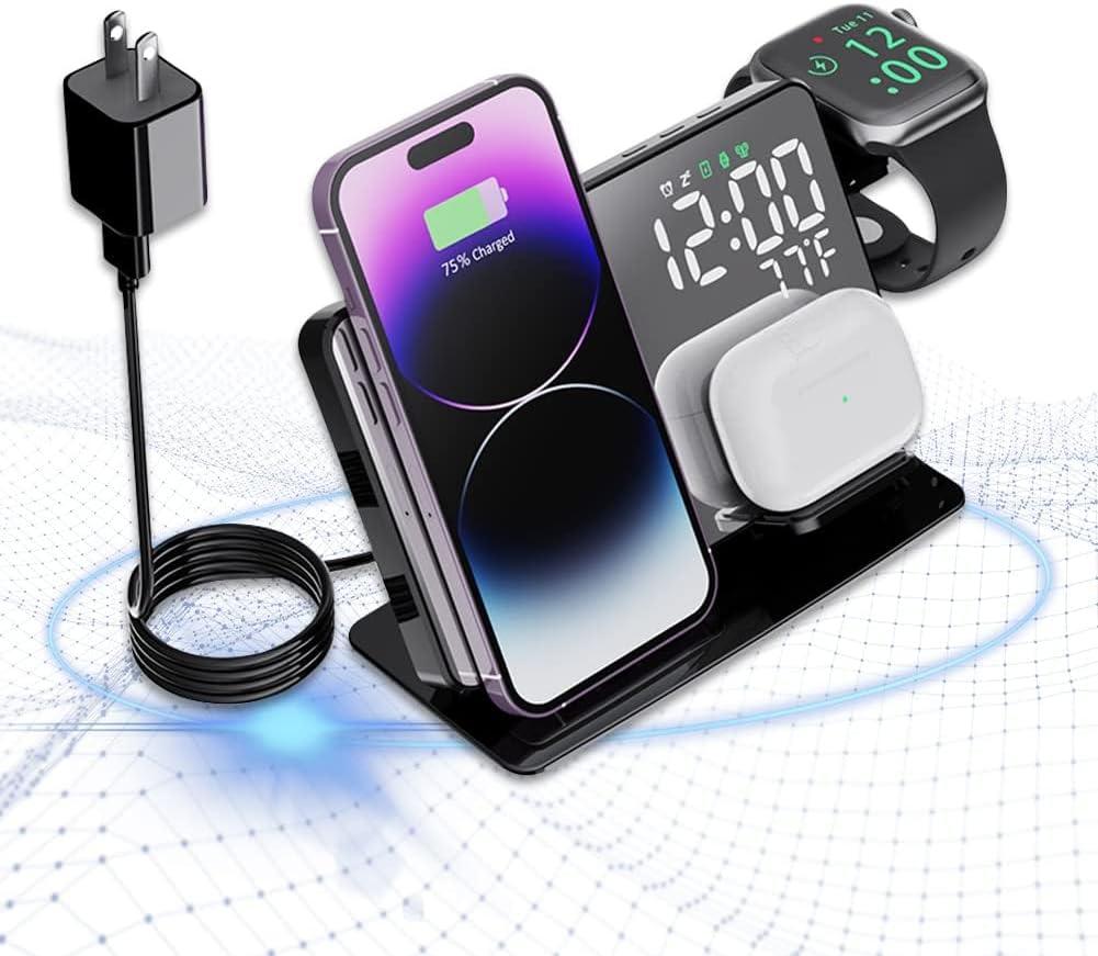 4-in-1 Wireless Charging Station for Apple Devices, 18W Fast Charge Wireless Charger Alarm Clock and Temperature Display, Wireless Charger Stand for iPhone 16 15 14 13 12, Apple Watch (Black)