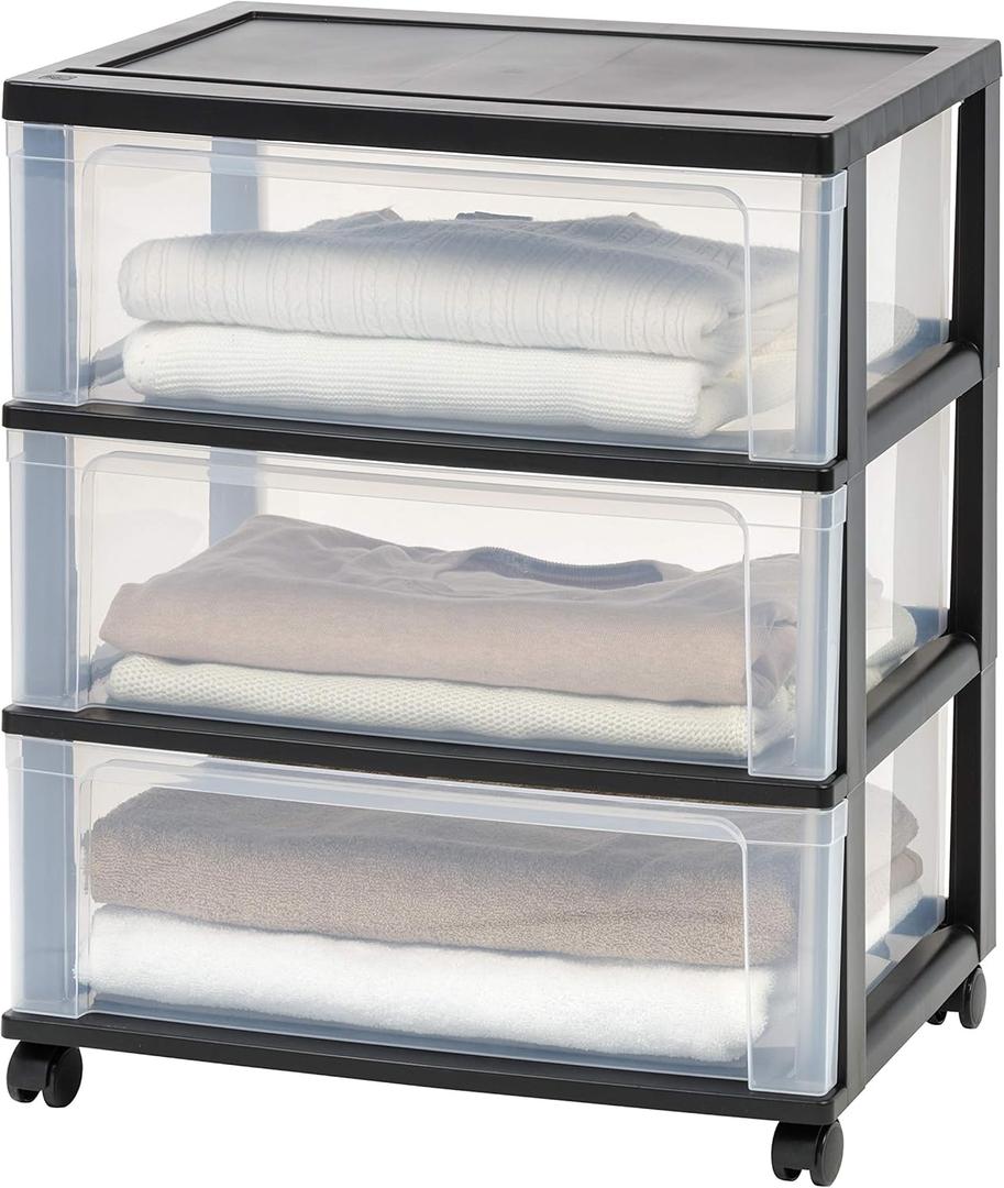 IRIS USA Plastic Drawer Storage Organizer Rolling Cart, with Wheels Casters, 3-Drawers, for Art Craft Supplies Dresser Closet Bathroom Dorm Bedroom Laundry Room, Wide, Black