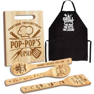 Pop Pop Gifts, Pop Gifts from Grandkids Fathers Day, Poppop Birthday Gift Wooden Cutting Board Utensils Set with Apron, Great Pop Grandprents Day Fathers Day Stocking Stuffer Kitchen Gift