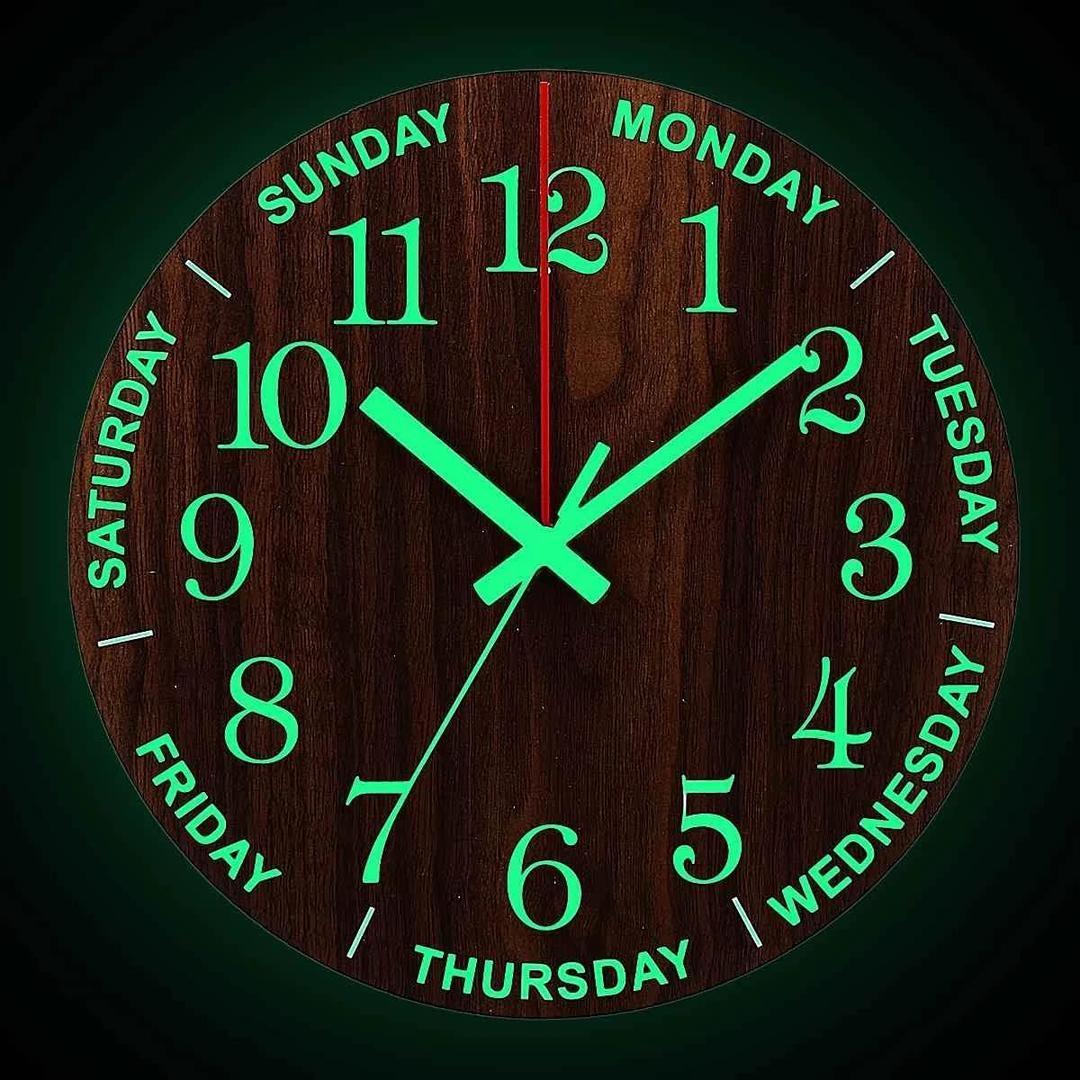 12 Inch Luminous Wall Clock - Silent Wooden Design Night Lights - Round Wall Clock for Bedroom Bathroom Kitchen Living Room - Battery Not Included