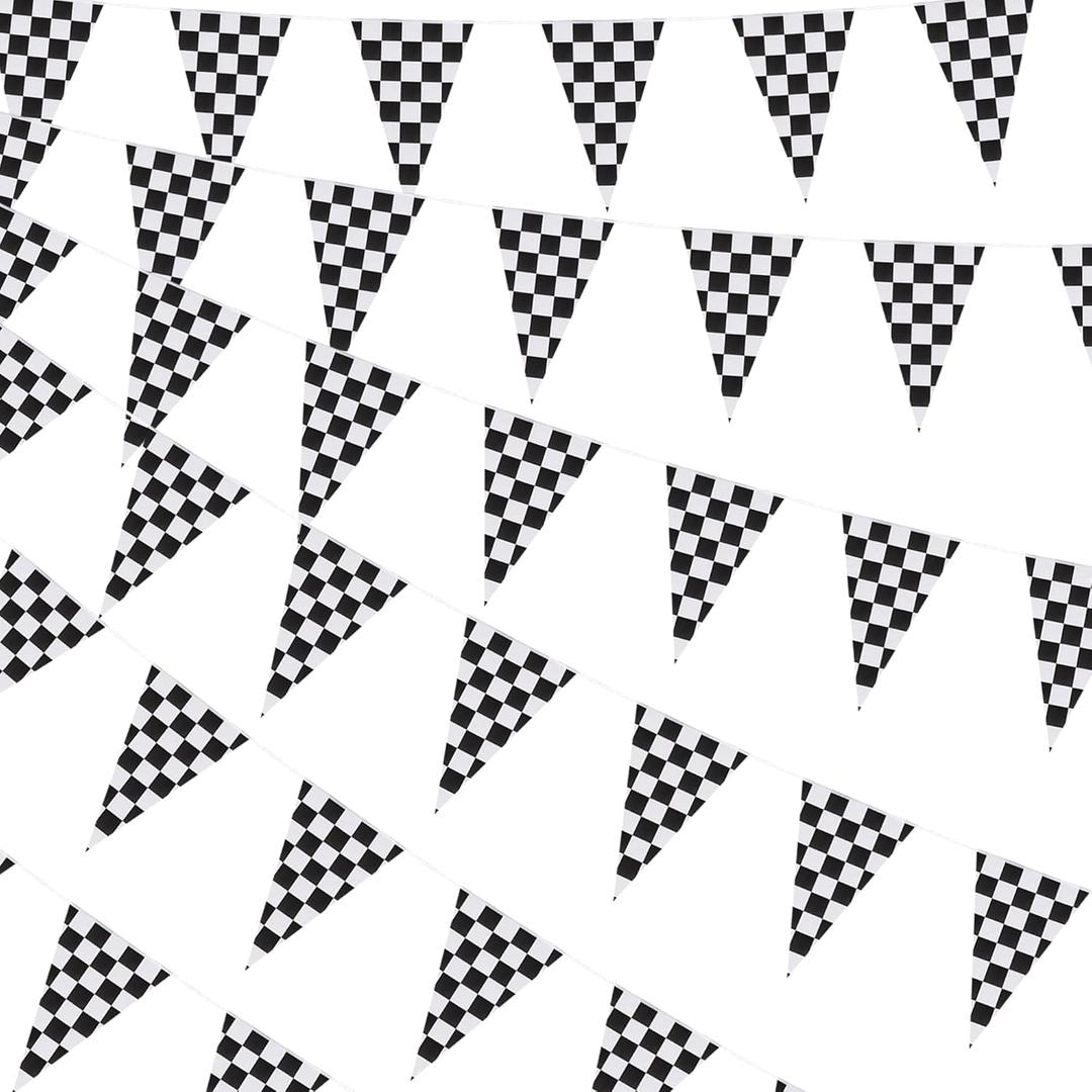 2 x 100Ft Black and White Checkered Flag Banner, Racing Pennant Banner, Race Car Birthday Party Decorations Supplies