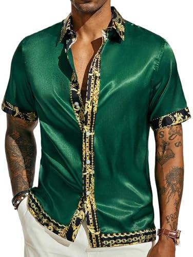 PJ PAUL JONES Mens Short Sleeve Button Down Shirts Casual Stretch Satin Silk Hawaiian Beach Shirt, L