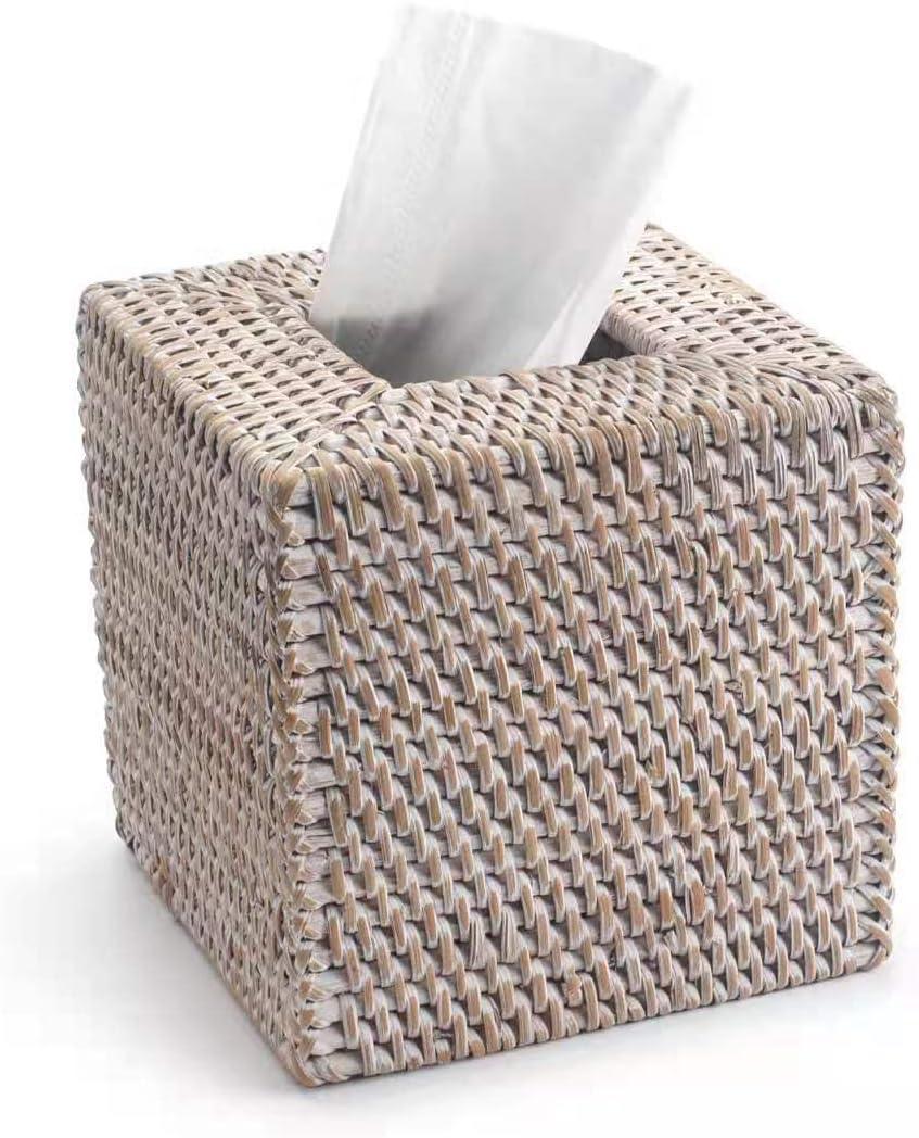 Rattan Tissue Box Cover Square, Hand Woven Wicker Tissue Holder, 5.5 x 5.5 X 5.7 inch, Whitewash