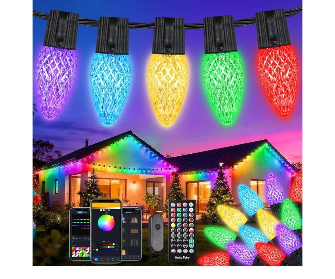 Smart C9 Christmas Lights, 100 LED 65FT Bluetooth Outdoor Light String, APP Remote Controlled, Music Sync Color Changing RGB Connectable Christmas Lights for Tree House Eaves Roof Decorations
