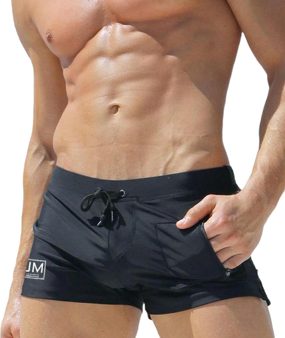 JOCKMAIL Men's Swimming Shorts Sexy Men's Swimsuits Swim Boxer Briefs Bathing Suits Mens Swim Briefs with Pouch (US, Alpha, X-Large, Regular, Regular, Black)