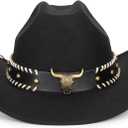Western-Cowboy-Hats for Women Men - Classic Wide Brim Felt Fedora Unisex Upturn Bull Head Cowgirl Caps with Buckle Belt (Black)