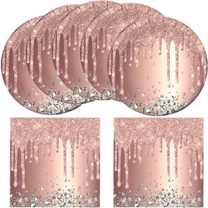 Pink Rose Gold Birthday Party Supplies, 20 Plates and 20 Napkins, Pink Rose Gold Theme Birthday Party Decoration for Girls Women