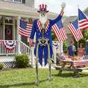3 Pcs 12ft Skeleton Outfit Set, Patriotic Uncle Style Costume with Stars Top Hat, Tailcoat, and White Beard for Giant Skeleton Halloween Outdoor Decor, Fourth of July Lawn Decoration