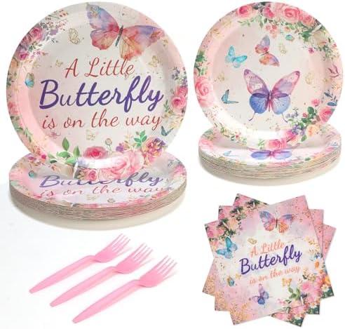 PCLMLES 96Pcs Butterfly Birthday Decorations,Pink and Purple Floar Paper Plates and Napkins, Forks Girls Birthday Baby Bridal Shower Party Supplies Butterfly Party Decorations, Serve 24