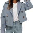 Tankaneo Womens Cropped Trench Coat Lapel Double Breasted Short Jacket Outwear (Medium, Grey Blue)
