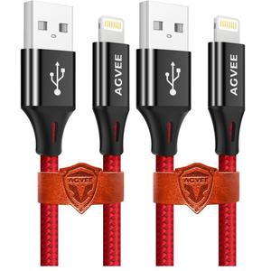 AGVEE 2 Pack 15ft Extra Long Charger for iPhone, Braided Lightning Cable, Heavy Duty Fast Charging Cord, End Tip Unbreakable for iPhone 11 Pro Max X XS XR, 10 8 7 6 6S, Case Friendly, Red