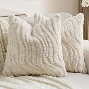 FUTEI Cream Decorative Throw Pillow Covers 18x18 Inch Set of 2,Soft Faux Fur Geometric Shapes Texture Cushion Case,Boho Home Decor for Couch Bed Living Room