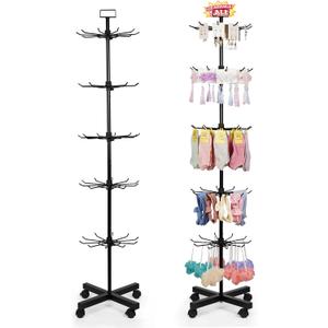 Retail Display Stand Store Display Rack 5 Tier Metal Spinning Display Stand Rack with Wheels Keychain Jewelry Stocking Hat Display Stand with Hooks for Malls, Showroom, Retail Store (Black)