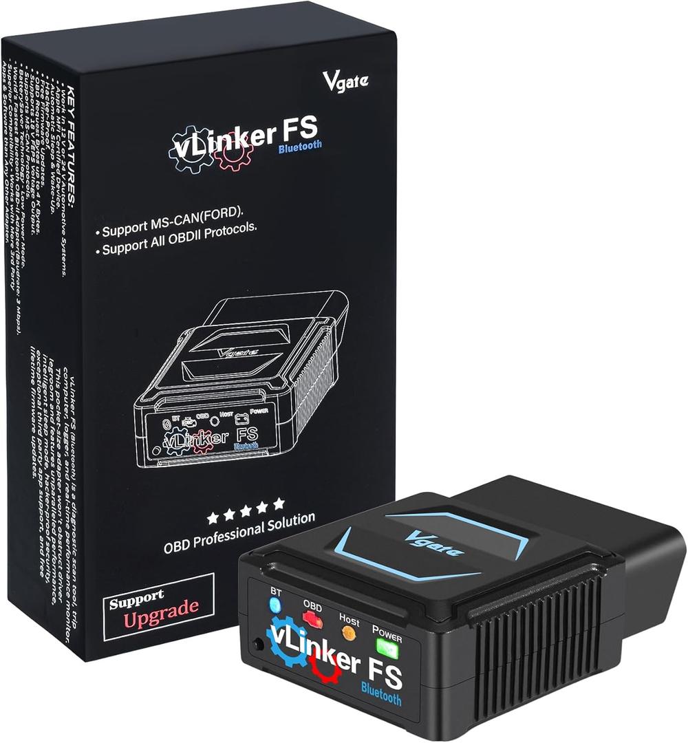 Vgate vLinker FS Bluetooth FORS-can 0BD2 Adapter for-d Fixd Car Diagnostic Tool OBD2 Scanner Bluetooth MS-CAN Work for iOS, Android & Windows, Black