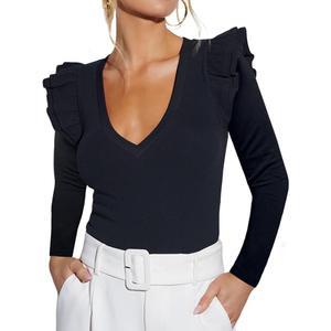 Ezbelle Women's Long Sleeve V Neck Ruffle Shirts Ribbed Knit Blouses Sxey Trendy Fall Tops 2026 Fashion