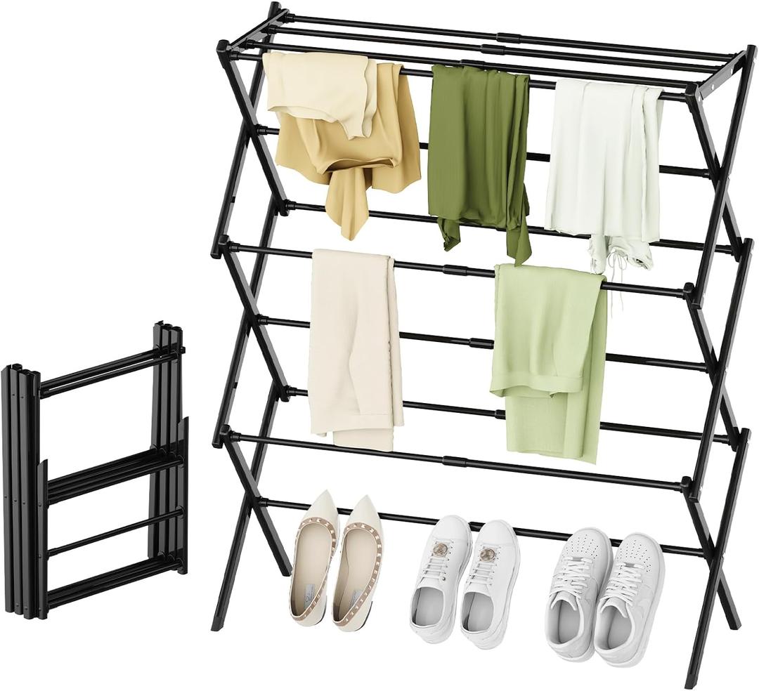 STARLATTA Foldable Drying Rack Clothing, 3Tier Portable Clothes Drying Racks for Indoor & Outdoor, AntiRust Compact Laundry Rack Collapsible, Black 28" D x 10" W x 35" H