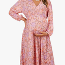 OUGES Womens 2023 Fall Long Sleeve Maternity Dress for Baby Shower Photoshoot V Neck High Waist Midi Dress with Pockets XXL