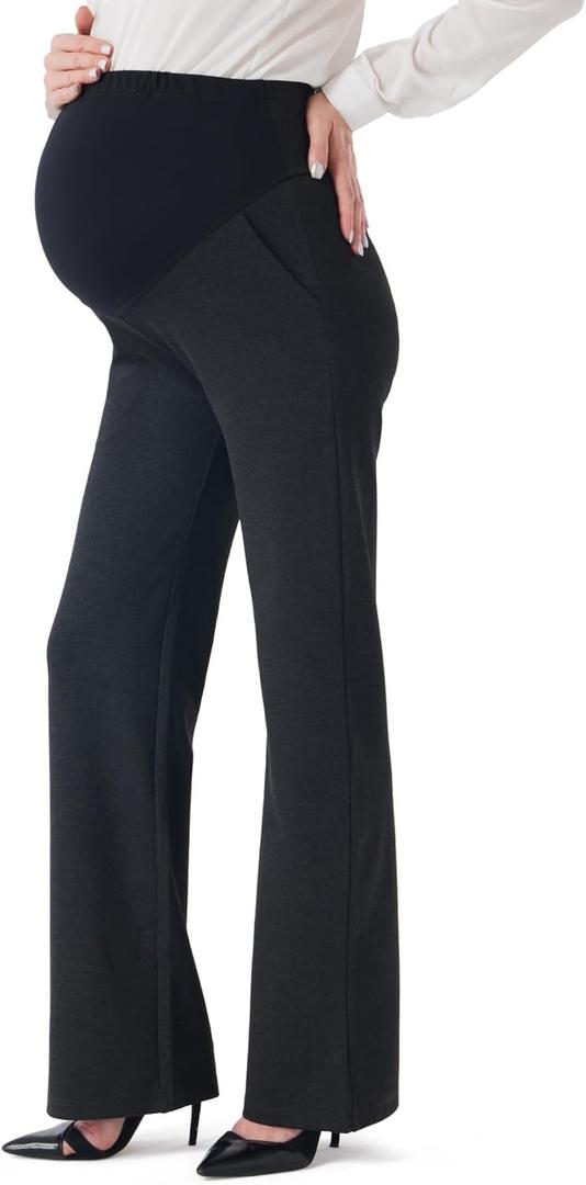 FIRST WAY Women's Maternity Dress Pants - Over The Belly Stretchy Pregnancy Bootcut Work Pants with Pockets 30" Inseam Charcoal, Medium 