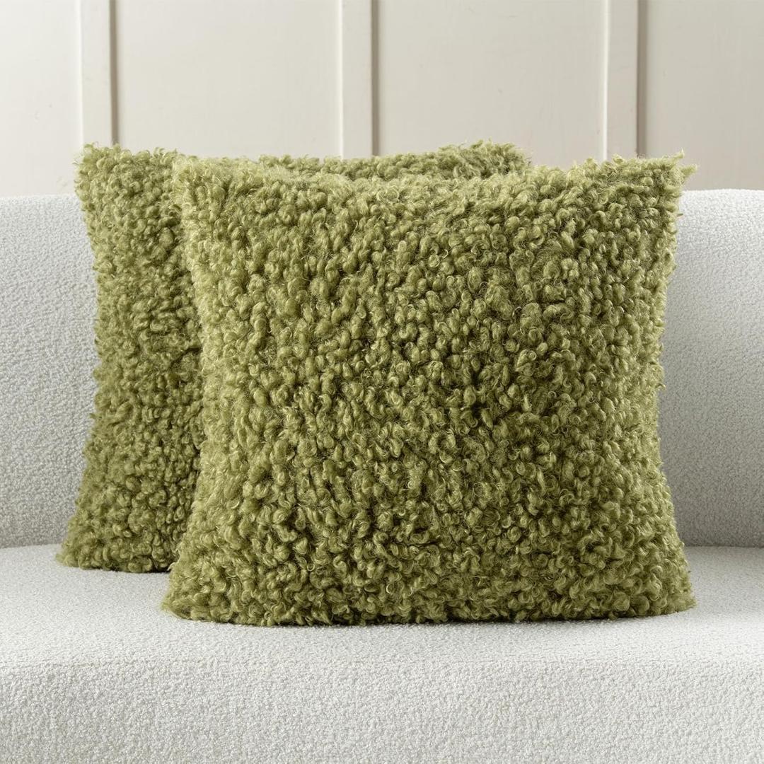 FUTEI Pack of 2 Decorative Throw Pillow Covers 16x16 Inch,Soft Fluffy Faux Wool Fur Boucle Textured Cushion Case,Modern Home Decor for Couch Bed Living Room Office,Olive Green