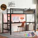 Bellemave Metal Twin XL Loft Bed with Desk and Charging Station,Heavy Duty Loft Bed Frame with LED Lights and USB for Kids,Teens,Adults,Twin XL Size,Black