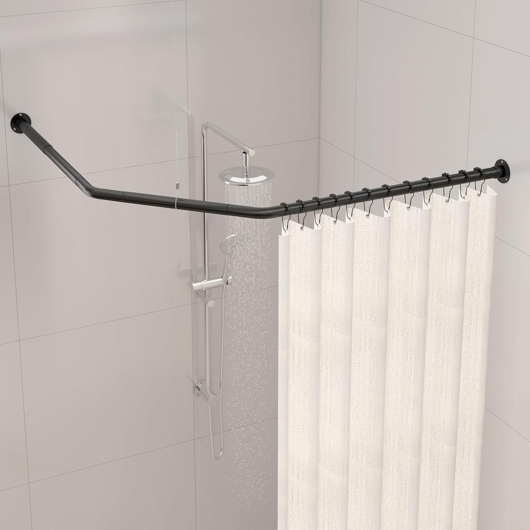 Corner Shower Curtain Rod, Diamond Shaped [Both Sides: 22" - 34.8", Middle: 28" - 43.7"] Adjustable Bathroom Bathtub Shower Rod with 12 Hooks & Ceiling Support (Matte Black)