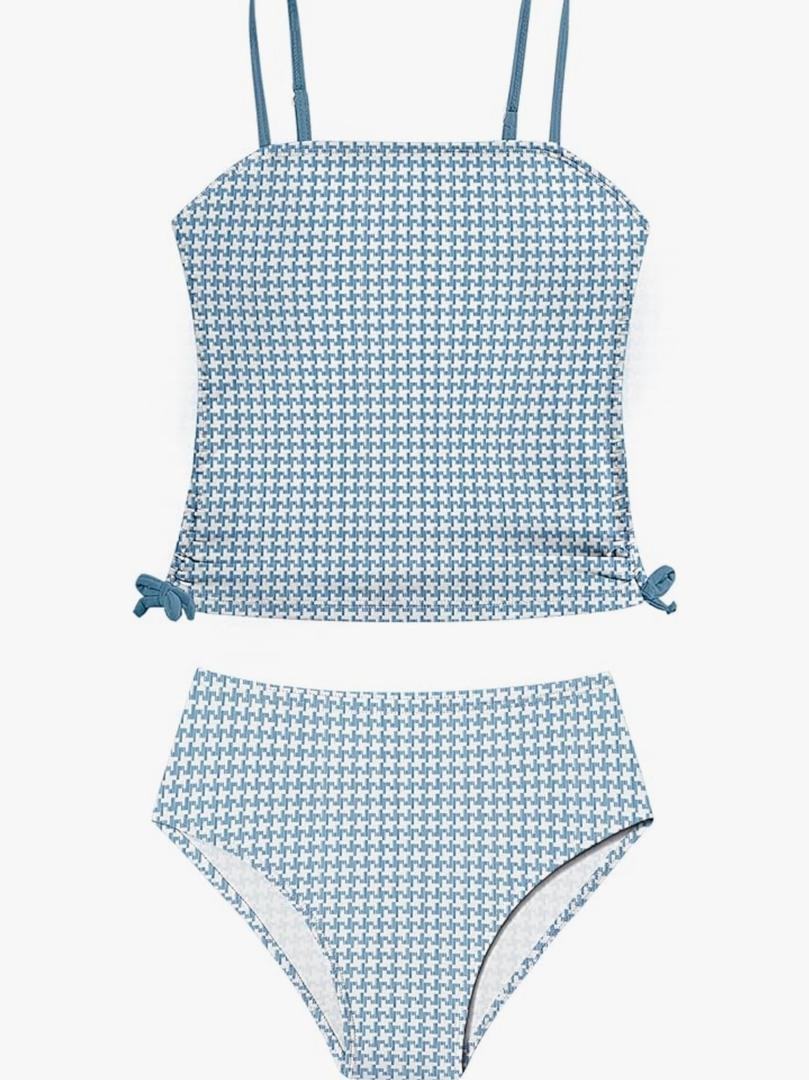 Girls Swimsuit Two Piece Bathing Suit Gingham Tankini Solid Color Bikini Set Drawstring Girls' Swimwear for 11-12 Years