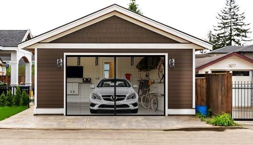 LONGEAS Garage Door Screen 1 Car 12x8ft Magnetic Closure Heavy Duty Weighted Bottom Garage Screen Door,Upgraded PET Mesh Stronger Than Fiberglass and Polyester,Hands Free,Keep Pesky Animals Out
