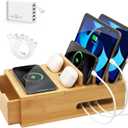Bamboo Charging Station for Multiple Devices, Desk Charging Organizer with Drawer & Tray, Wood Docking Station for Multi Devices, Cell Phone, Tablet (Included 6 Cables, 5 Port USB Charger)