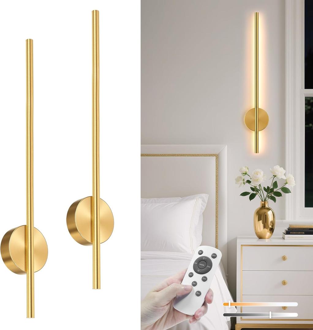 NIORSUN 27.6 Inch Battery Operated Wall Sconce Set of 2, Gold Minimalism Rechargeable Wall Lights with Remote, 3CCT Dimmable Wireless Wall Lamp for Living Room Bedroom Hallway