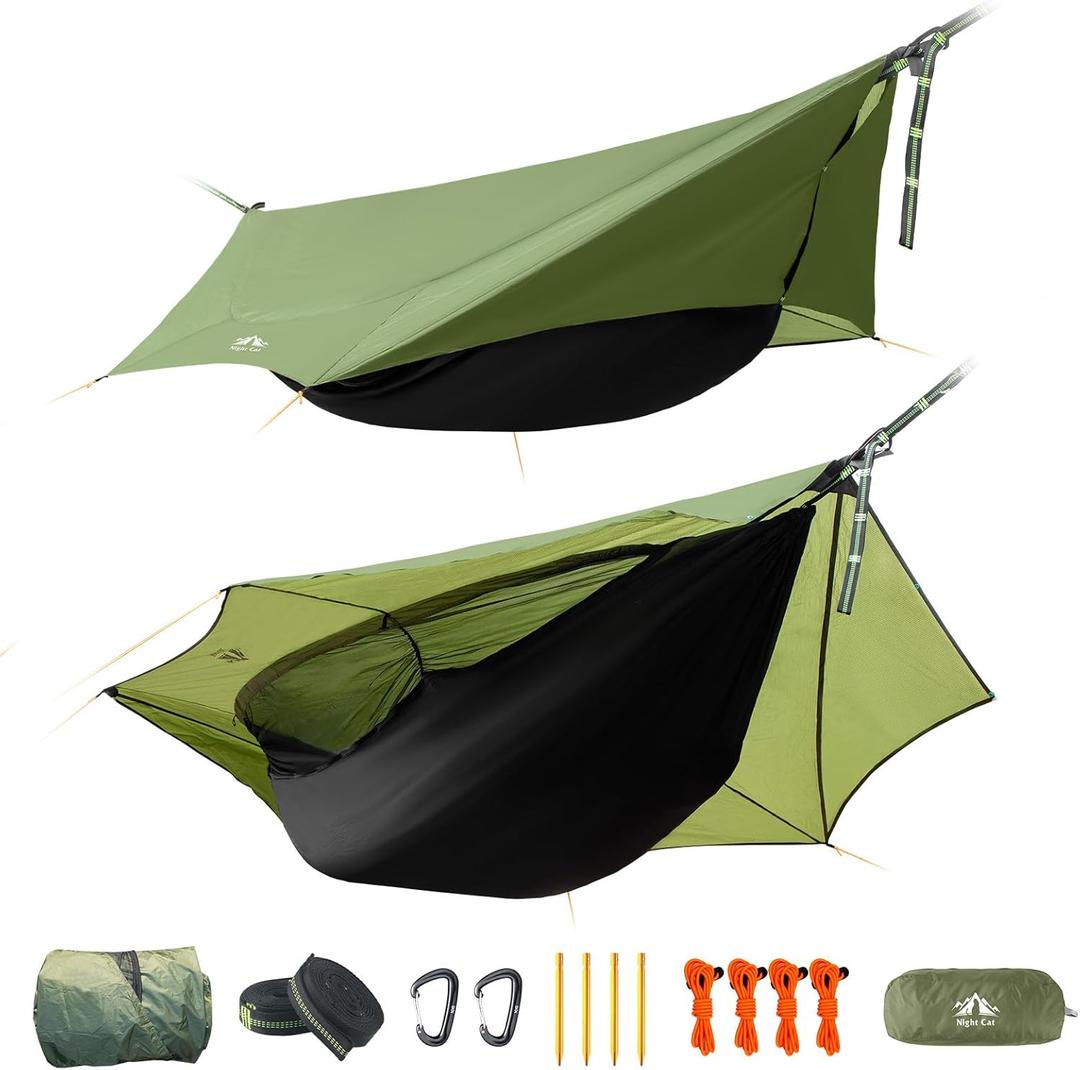 Night Cat Camping Hammock Tent: Lightweight Portable 4 in 1 Hammock with Rain Tarp and Mosquito Net for Hiking Jungle Outdoor (Green)