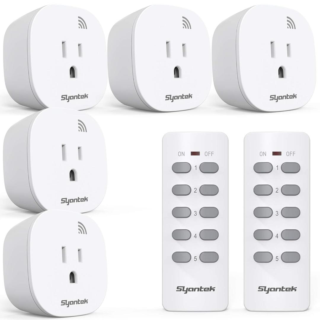 Remote Control Outlet Wireless Light Switch for Household Appliances, Expandable Remote Light Switch Kit, Up to 100 ft Range, FCC Certified, ETL Listed, White (5 Outlets + 2 Remotes)