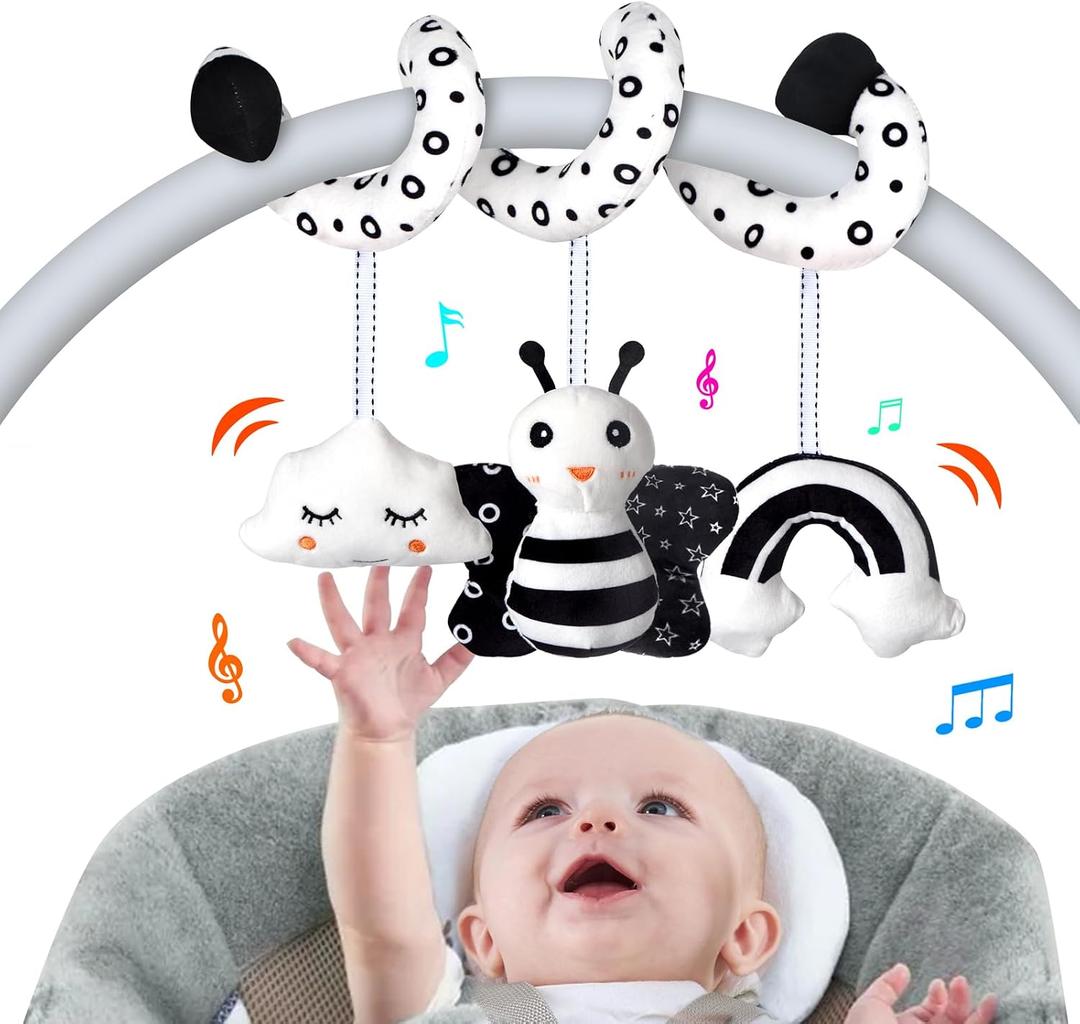 SAMMAS Car Seat Toys, Infant Baby Spiral Activity Hanging Toys Stroller Toys for Car Seat Stroller Bar Crib Bassinet Mobile with BB Squeaker and Rattles (Bee), Medium, Small