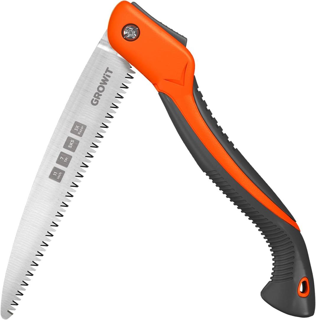 GROWIT Folding saw 11 Inch - Heavy Duty Pruning Saw with Triple-Cut SK5 Blade, 7 TPI Razor Teeth for Tree Trimming, Wood Cutting, Camping, Bushcraft, and Gardening