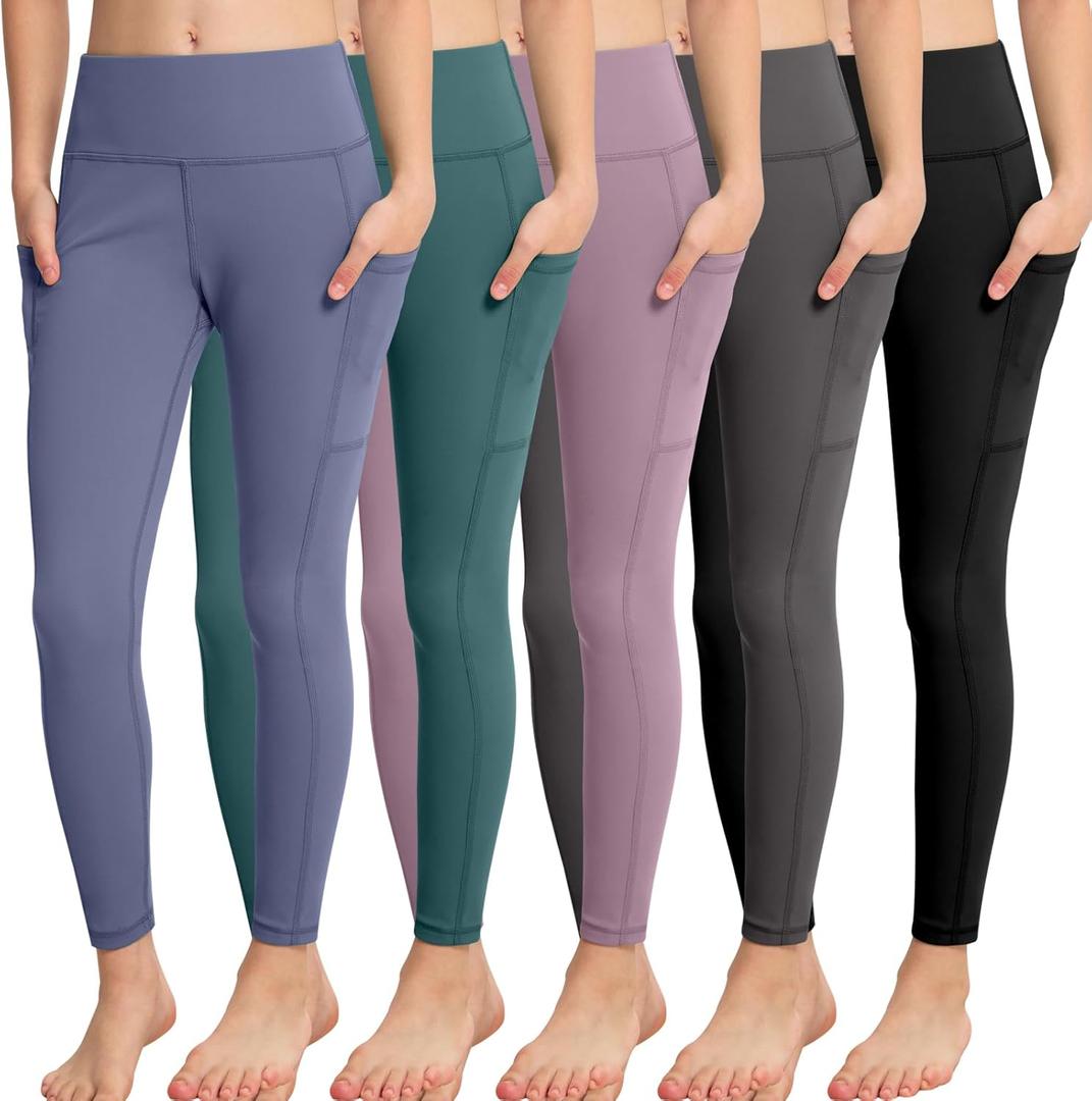 CHRLEISURE Girls' Athletic Leggings with Pockets, 5 Packs Kids Teen Dance Yoga Workout Running Pants for 5-15 Years (12-13 Years, 5 Packs - Black/Gray/Lilac Pink/Teal/Steel Blue)