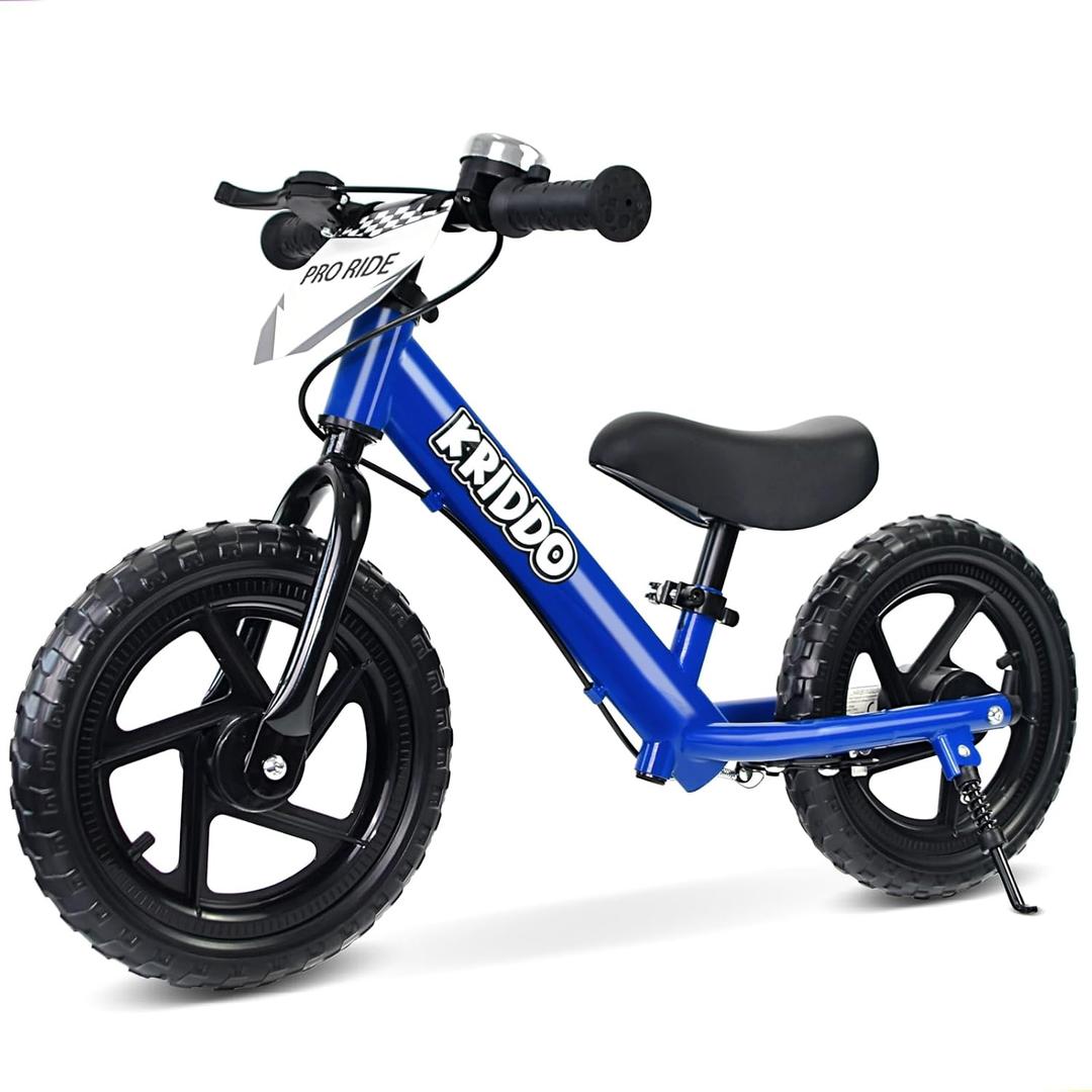 KRIDDO Pro Toddler Balance Bike 2+ Year Old with Hand Brake and Kickstand, 12 Inch Push Bicycle, Gift Bike for 2-5 Boys Girls, Blue