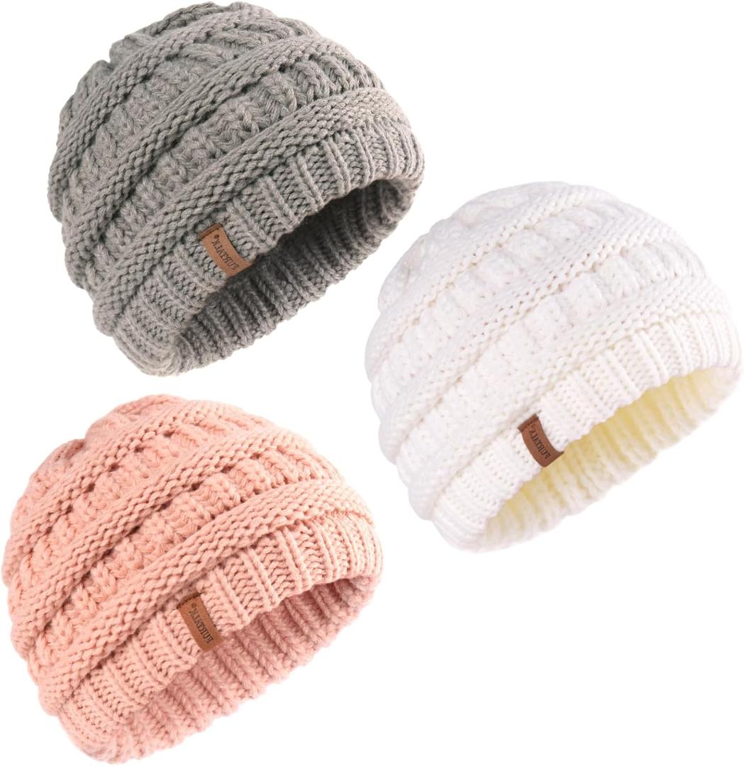 FURTALK Baby Beanie Winter Soft Warm Knit Hat 3 Pack Infant Toddler Slouchy Caps (0-12 Months, White+pink+grey)