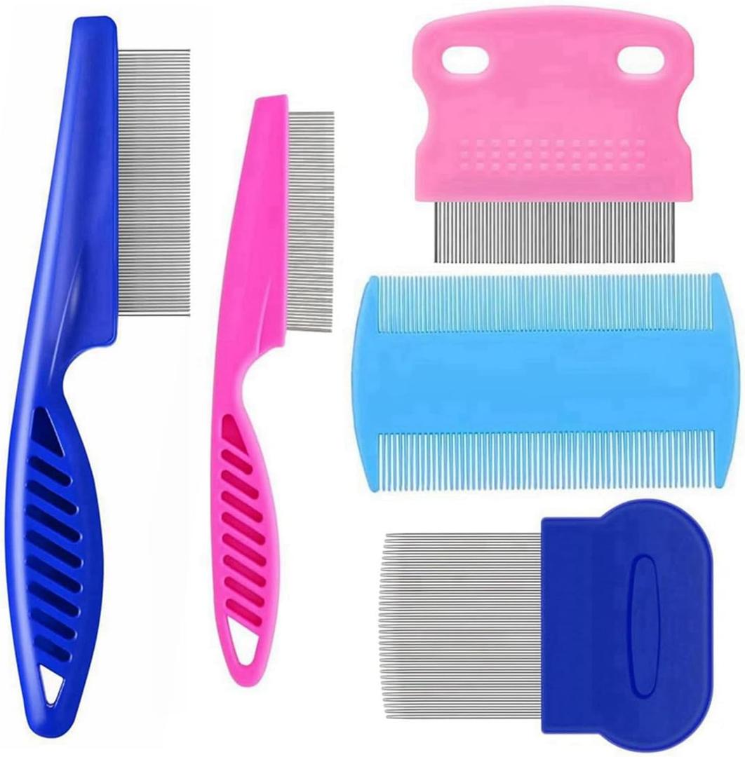 5 Pack Flea Lice Comb,Stainless Steel Dog Cat Grooming Combs with Rounded Teeth,Double Sided Professional Pet Tear Stain Remover,Dematting Tool for Small, Ideal for all pet (Blue,Pink)