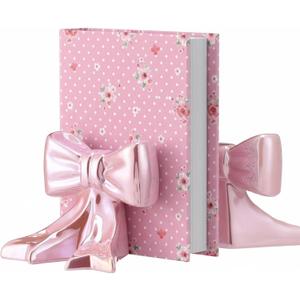 Leinuosen 2 Pcs Pink Bow Bookends Ceramic Cute Book Ends Decorative Book Stand Bow Sculpture Statues Tabletop Shelf Ornament Room Decor for Home Office School Dorm Girl Desk