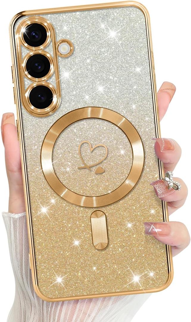 Bonoma Compatible with Samsung Galaxy S25 Plus Case Support for MagSafe, Plating Heart Glitter Magnetic Case TPU Camera Protection Back Cover for Phone Case -Gold