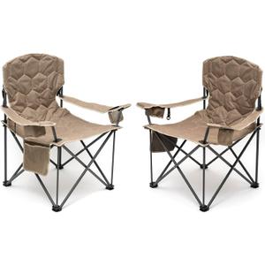 SUNNYFEEL XXL Oversized Camping Chair Heavy Duty 500 LBS for Big Tall People Above 6'4 Padded Portable Folding Sports Lawn Chairs with Armrest Cup Holder & Pocket for Outdoor/Travel/Picnic/Camp (Khaki-2set)
