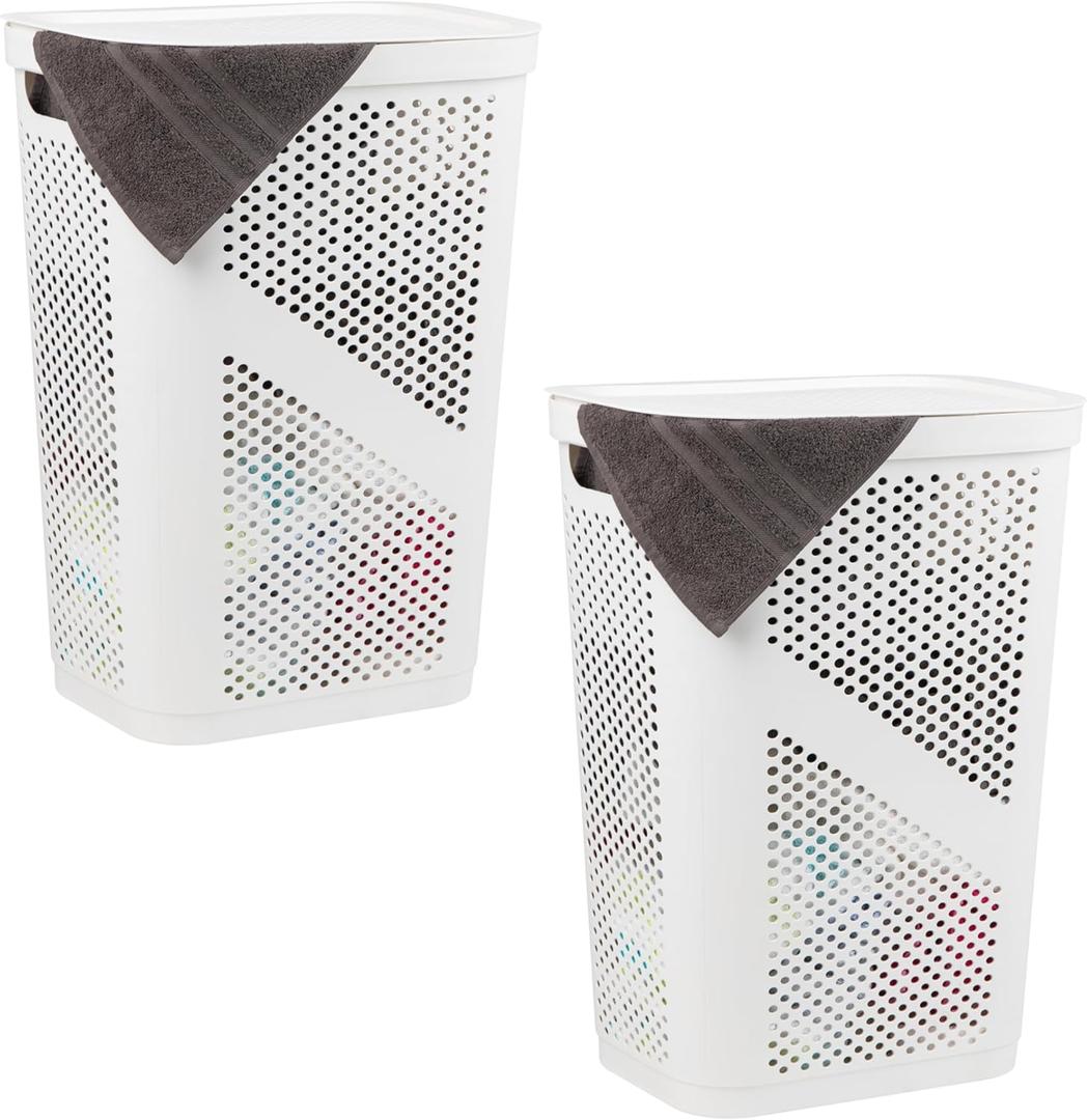 Mind Reader 60L Slim Laundry Hamper, Clothes Basket, Lid, Ventilated, Plastic, Set of 2, White