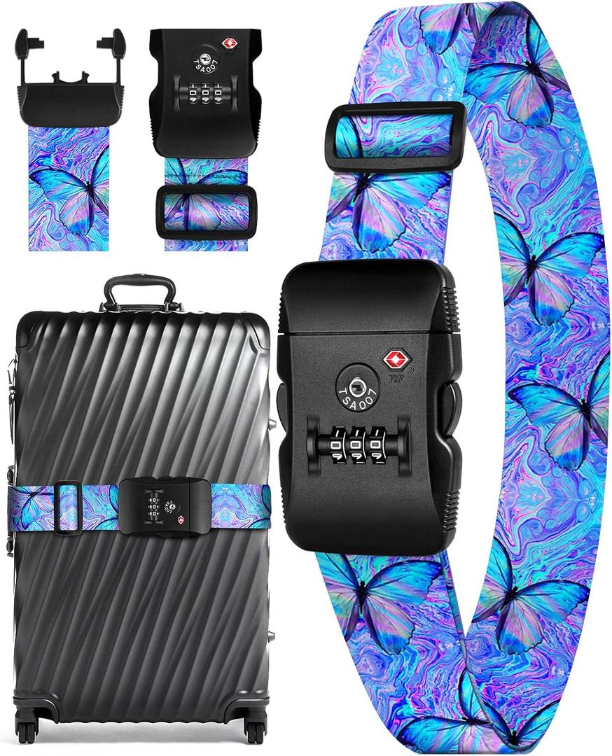 Slohif Luggage Straps TSA Lock for Suitcases - Travel Belt TSA Approved Accessories Luggage Identifiers Carry On Bag with Buckle Nylon Adjustable Band for Add a Bag Butterflies
