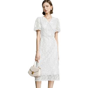 Women's Lace Floral V-Neck Dress with Puff Sleeves and Back Zipper, Elegant and Romantic Design
White Medium